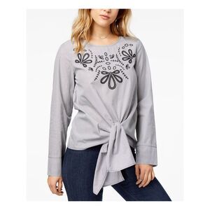 KENSIE Womens Blue Floral Long Sleeve Jewel Neck Top Size: S